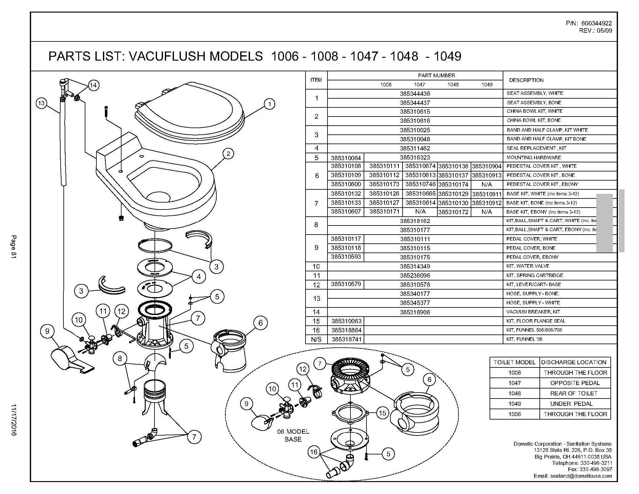 Sealand Dometic Vacuflush 1008 Toilet Spare Parts